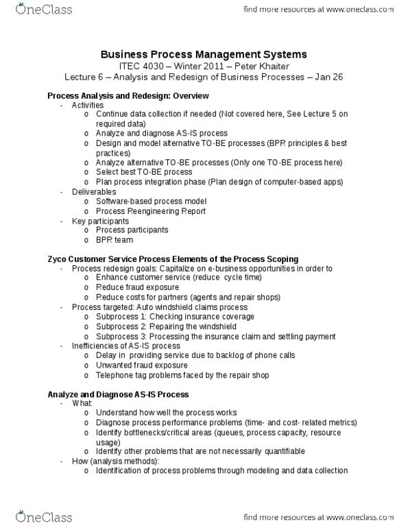 ITEC 4030 Lecture Notes - Business Process Management, Critical Path Method, Customer Service thumbnail