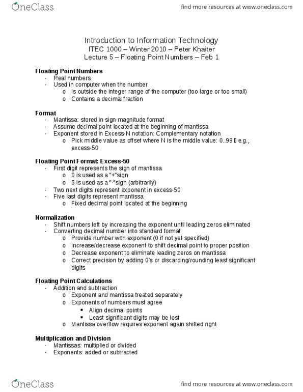 ITEC 1000 Lecture Notes - Decimal Mark, Double-Precision Floating-Point Format, Sign Bit thumbnail