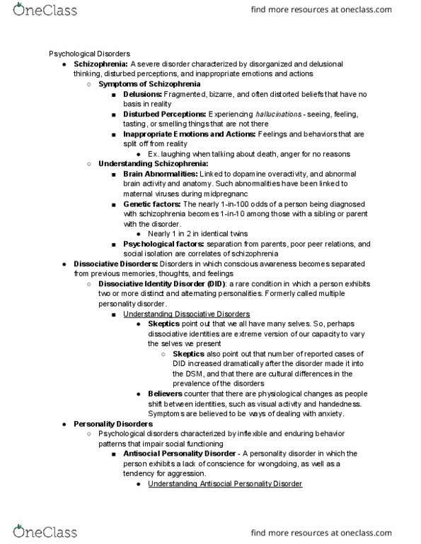 PSY 101 Lecture Notes - Lecture 29: Antisocial Personality Disorder, Dissociative Identity Disorder, Schizophrenia thumbnail