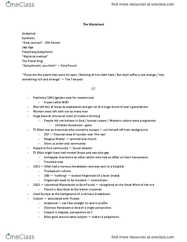 English 1022E Lecture Notes - Lecture 23: E. M. Forster, Fisher King, Only Connect thumbnail