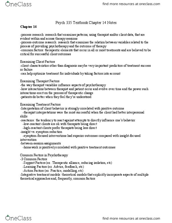 PSYCO335 Chapter Notes - Chapter 14: Therapeutic Relationship, Psych thumbnail