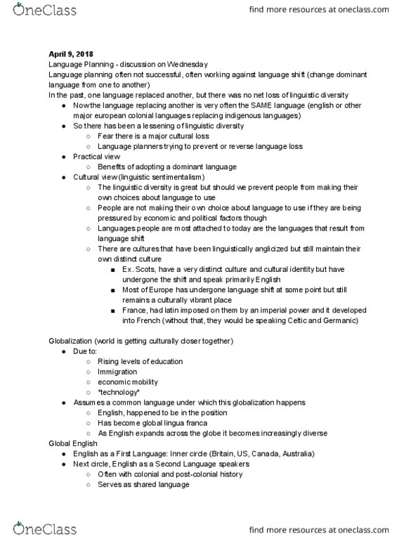 LING 320 Lecture Notes - Lecture 5: Language Planning, Language Shift, English Language In England thumbnail