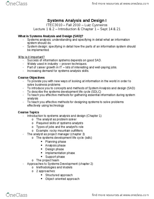 ITEC 3010 Lecture Notes - Systems Development Life Cycle, Executive Information System, Transaction Processing System thumbnail