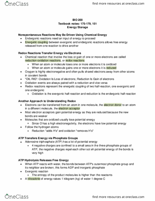 BIOL 200 Chapter Notes - Chapter 175-179, 151: Exergonic Reaction, Adenosine Triphosphate, Phosphate thumbnail