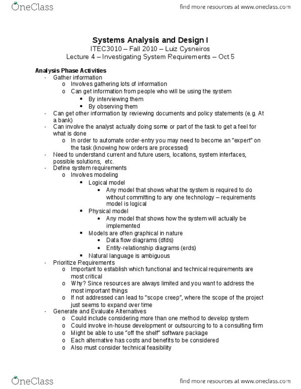 ITEC 3010 Lecture Notes - Functional Requirement, Physical Model, Usability Testing thumbnail