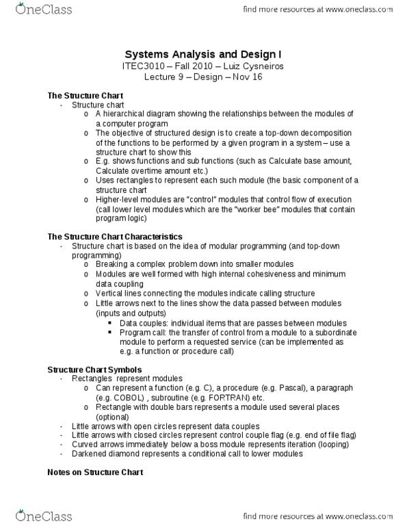 ITEC 3010 Lecture Notes - Graphical User Interface, Structure Chart, Data Flow Diagram thumbnail