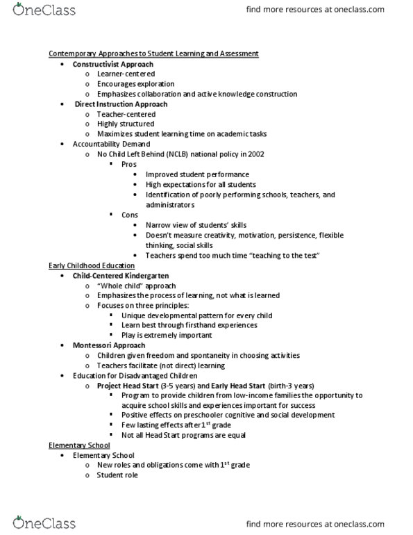 PSYC 20651 Lecture Notes - Lecture 22: Early Head Start, Direct Instruction, Kindergarten thumbnail