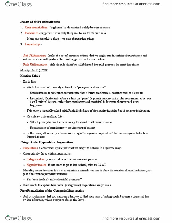 HONS 170 Lecture Notes - Lecture 9: Kantian Ethics, Act Utilitarianism, Practical Reason thumbnail
