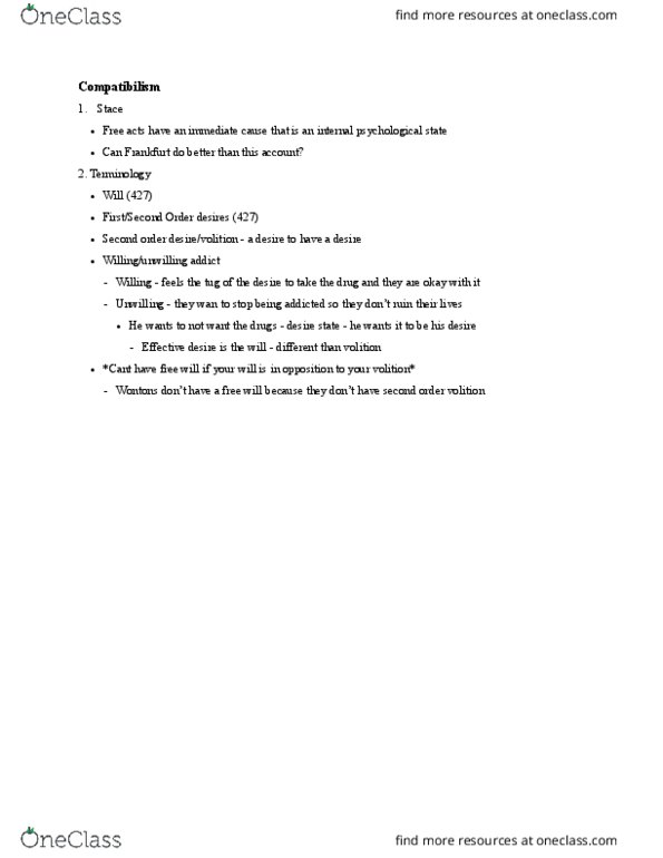 HONS 170 Lecture Notes - Lecture 12: Compatibilism thumbnail