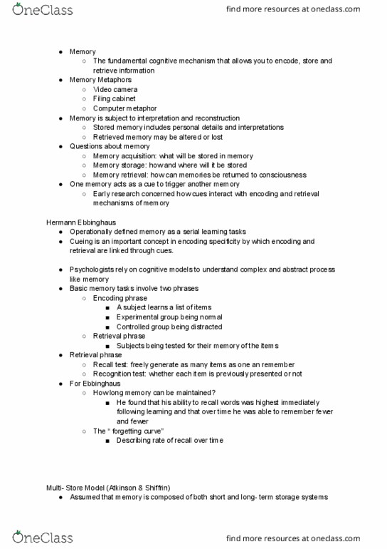 PSYCH 1F03 Lecture Notes - Lecture 7: Hermann Ebbinghaus, Filing Cabinet, Long-Term Memory thumbnail