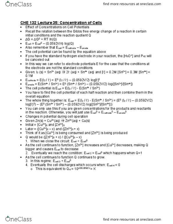 CHE 132 Lecture Notes - Lecture 38: Standard Hydrogen Electrode, Gibbs Free Energy, Reaction Quotient cover image