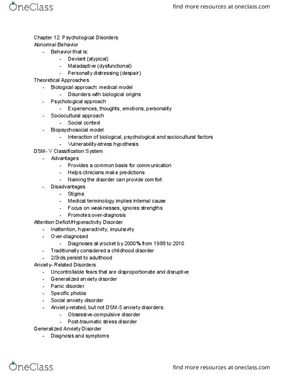 PSY 100 Lecture Notes - Lecture 12: Generalized Anxiety Disorder, Posttraumatic Stress Disorder, Social Anxiety Disorder thumbnail