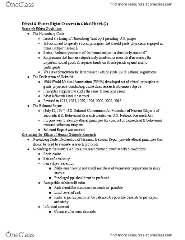 PH 005 Chapter Notes - Chapter 4: World Medical Association, National Research Act, Belmont Report thumbnail