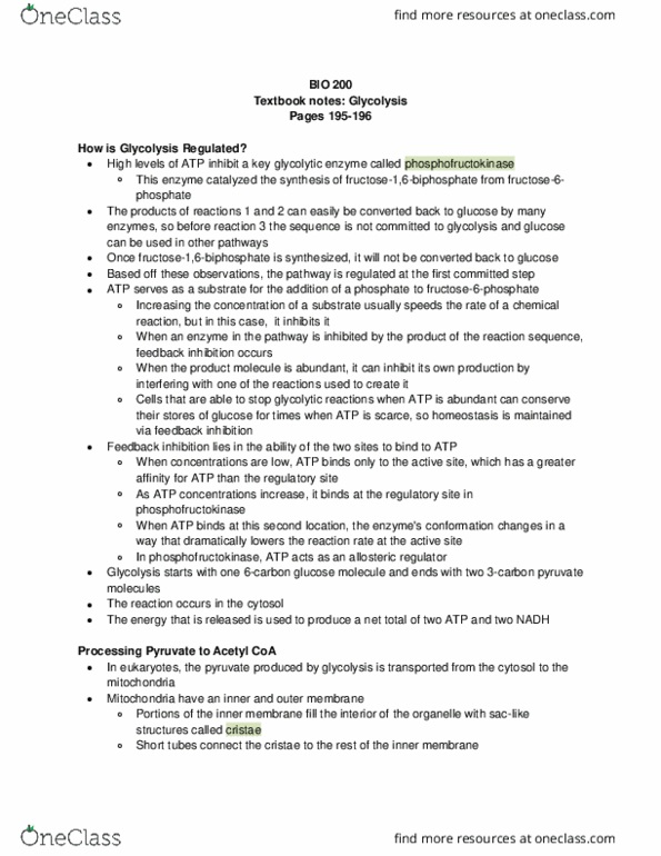 BIOL 200 Chapter Notes - Chapter 195-196: Enzyme Inhibitor, Phosphofructokinase, Acetyl-Coa thumbnail