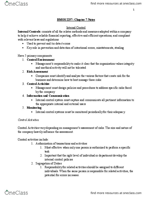 Business Administration 2257 Chapter Notes - Chapter 7: Internal Control, Financial Statement, Bank Statement thumbnail