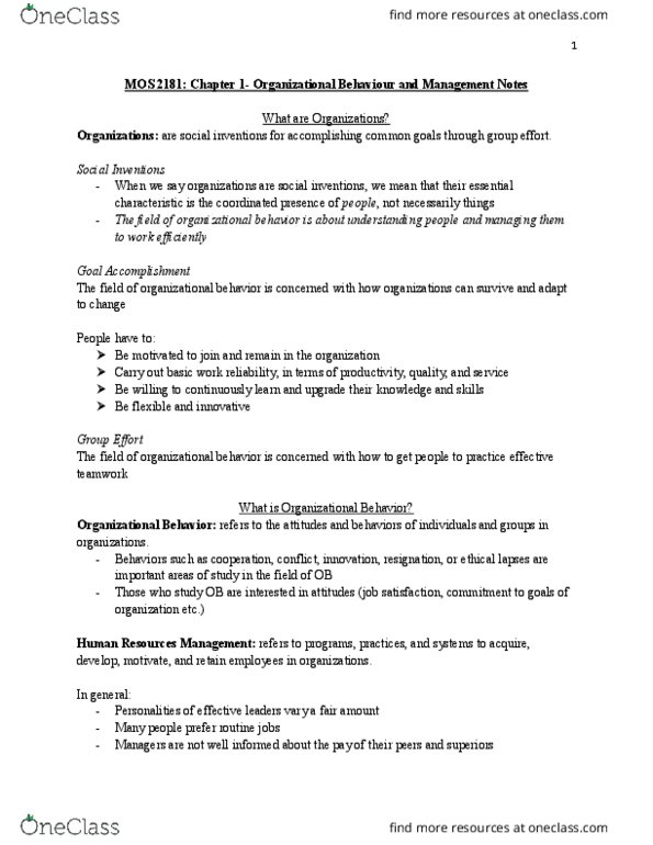 Management and Organizational Studies 2181A/B Chapter Notes - Chapter 1: Organizational Behavior Management, Job Satisfaction, Human Resource Management thumbnail