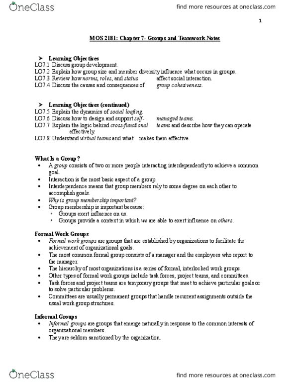 Management and Organizational Studies 2181A/B Chapter Notes - Chapter 7: Virtual Team, Social Loafing, Group Cohesiveness thumbnail