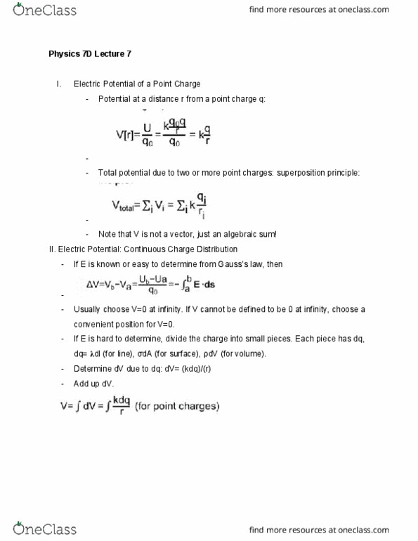 PHYSICS 7D Lecture Notes - Lecture 7: Superposition Principle, Electric Potential, Electric Field cover image