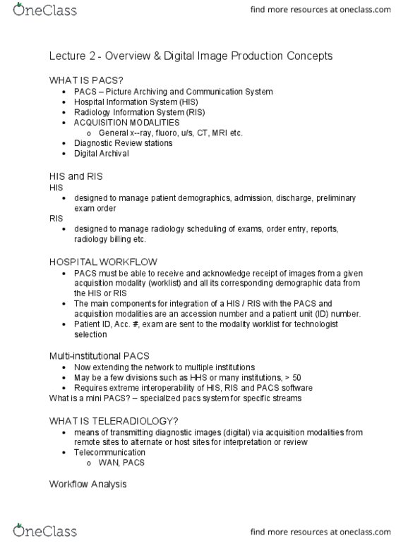 MEDRADSC 2BB3 Lecture Notes - Lecture 2: Radiological Information System, Workflow, Information Management thumbnail