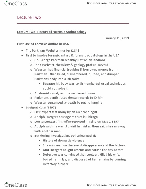 ANTHROP 3FA3 Lecture Notes - Lecture 2: Forensic Dentistry, Forensic Anthropology, Potash thumbnail