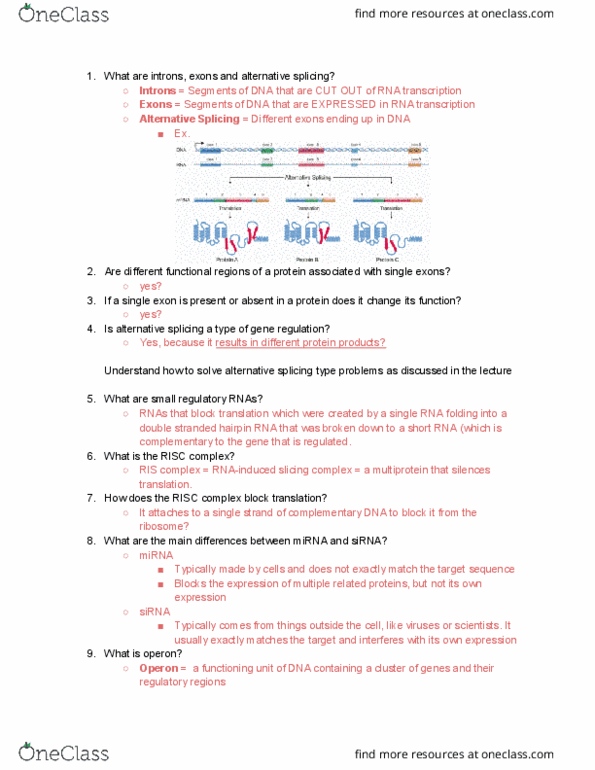 BS 161 Lecture Notes - Lecture 27: Alternative Splicing, Complementary Dna, Small Interfering Rna thumbnail