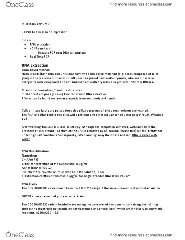 MIMM 385 Lecture Notes - Lecture 3: Chaotropic Agent, Rna Extraction, Isothiocyanate thumbnail