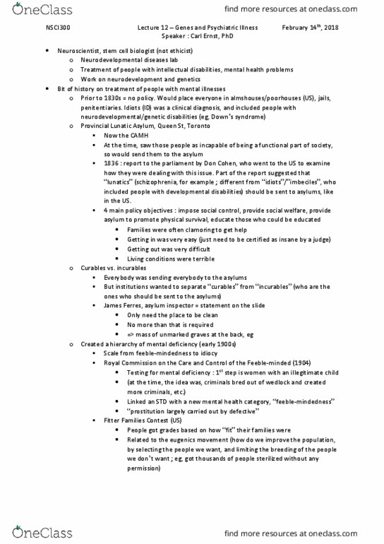 NSCI 300 Lecture Notes - Lecture 12: Carl W. Ernst, Intellectual Disability, Centre For Addiction And Mental Health thumbnail