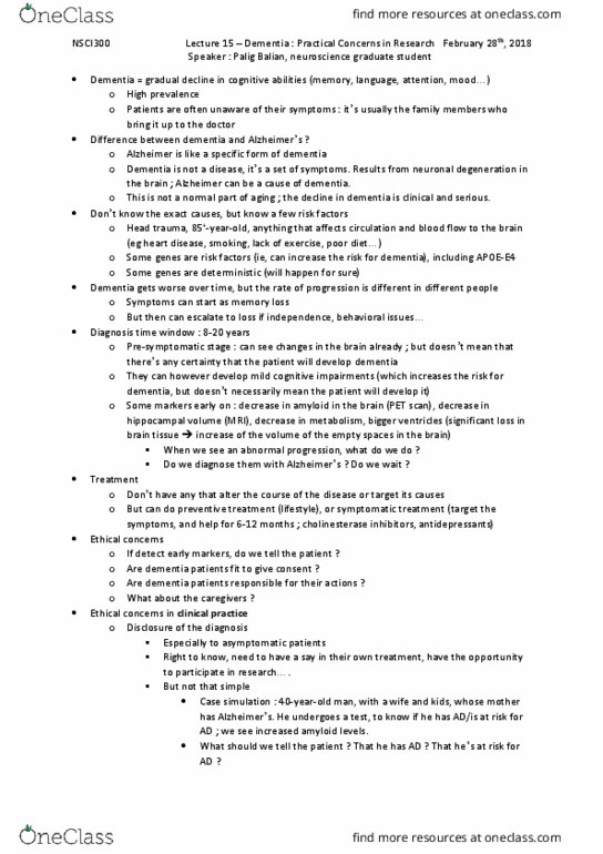 NSCI 300 Lecture Notes - Lecture 15: Acetylcholinesterase Inhibitor, Positron Emission Tomography, Head Injury thumbnail