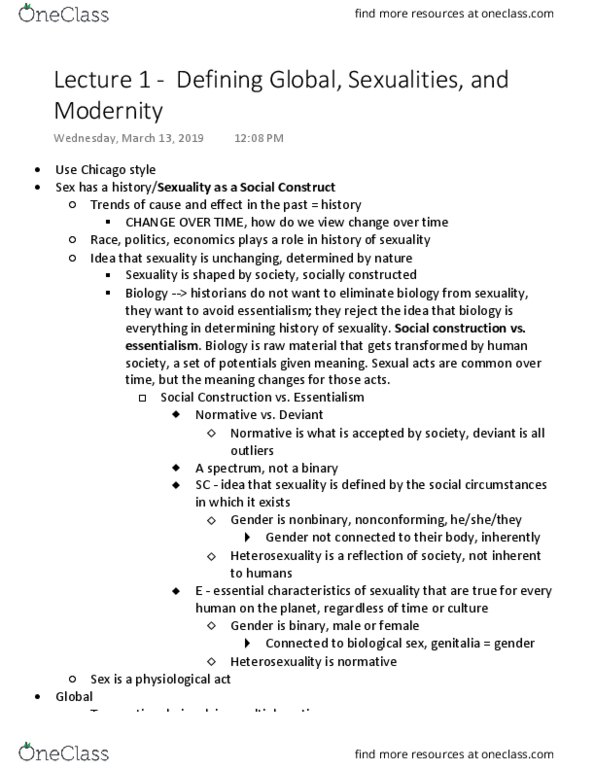 HIS 13 Lecture Notes - Lecture 1: Genderqueer, Heterosexuality thumbnail