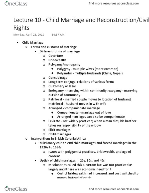 HIS 13 Lecture Notes - Lecture 10: Bride Price, Concubinage, Coverture thumbnail