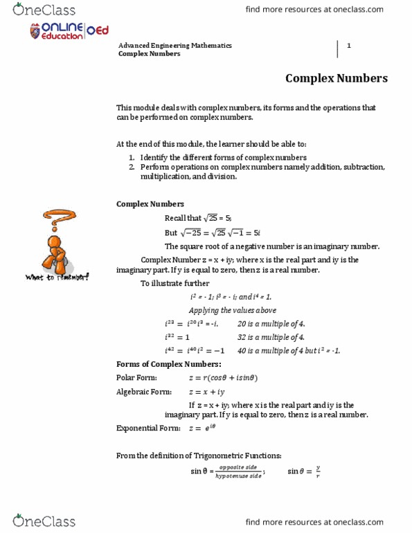 Mathematics MATH E-311 Lecture Notes - Lecture 17: Imaginary Number, Trigonometric Functions, Negative Number thumbnail