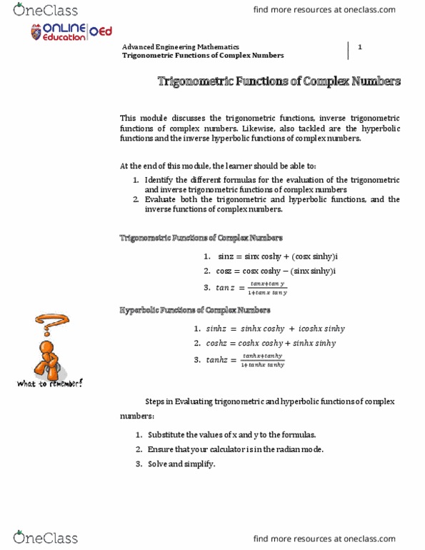 Mathematics MATH E-311 Lecture Notes - Lecture 17: Inverse Trigonometric Functions, Radian thumbnail