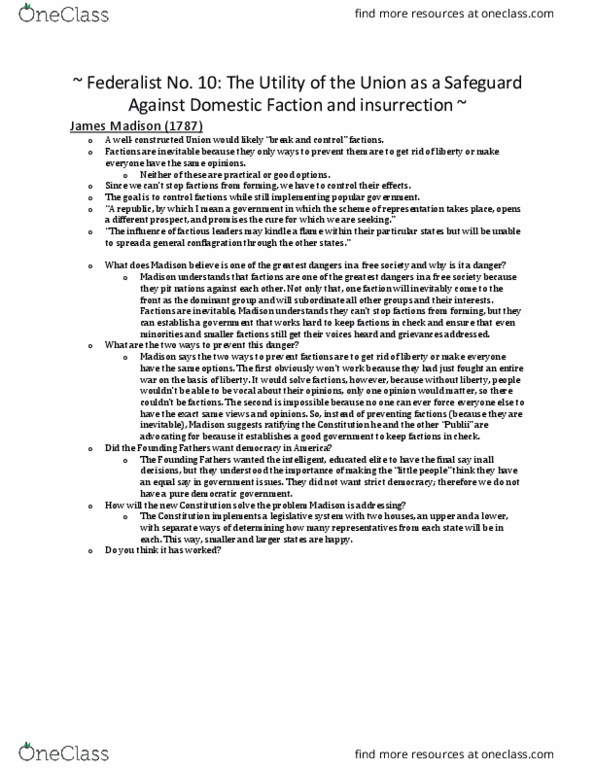 HIS 108 Chapter Notes - Chapter 43: Federalist No. 10 thumbnail