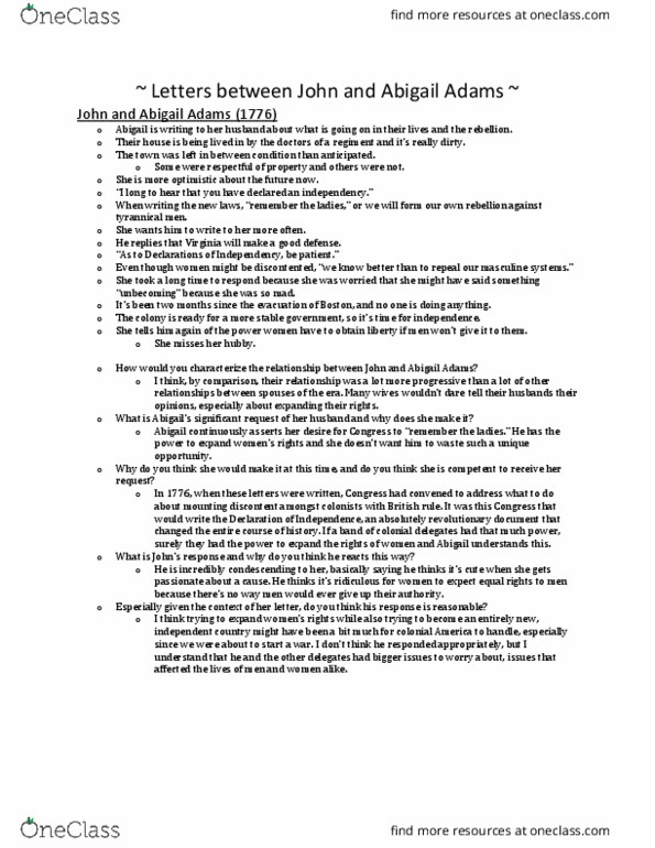 HIS 108 Chapter Notes - Chapter 32: Abigail Adams thumbnail