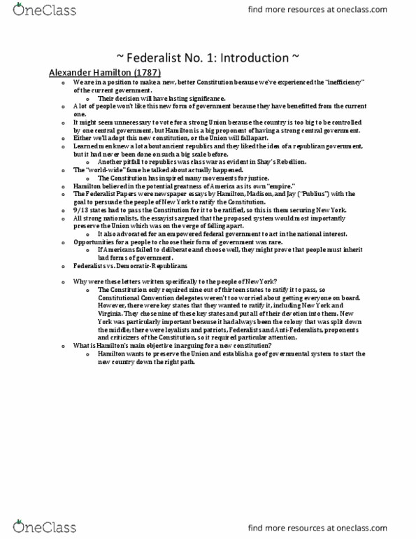 HIS 108 Chapter Notes - Chapter 42: Federalist No. 1, The Federalist Papers, Class Conflict thumbnail