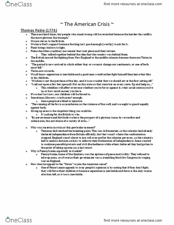 HIS 108 Chapter Notes - Chapter 36: The American Crisis, Middle Colonies thumbnail