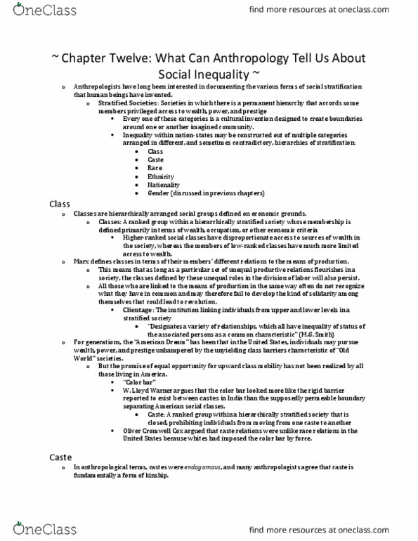ANT 220 Chapter Notes - Chapter 12: Oliver Cox, Social Stratification, Nationstates thumbnail