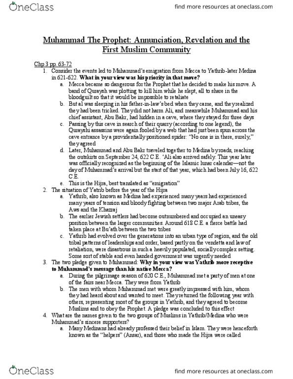 HUMA 1845 Lecture Notes - Lecture 6: Medina, Banu Khazraj, Quraysh thumbnail