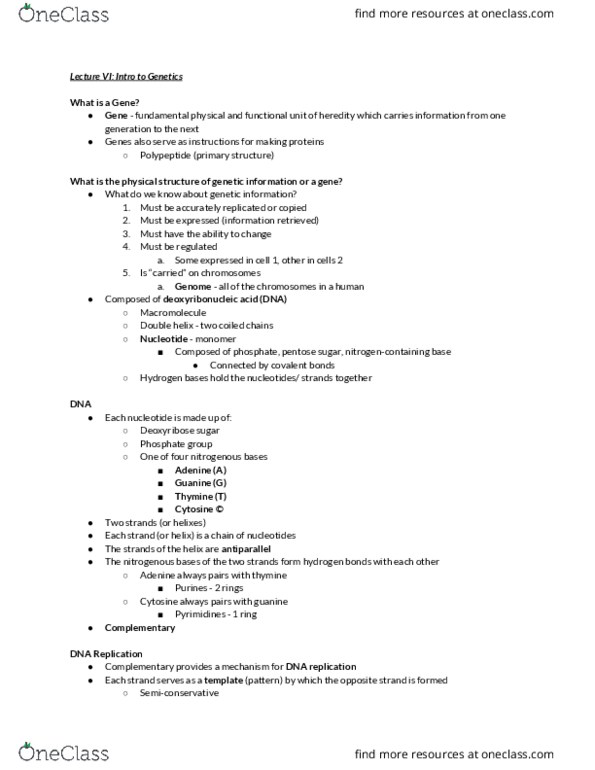 01:119:150 Lecture Notes - Lecture 6: Nucleic Acid Double Helix, Complementary Dna, Dna Replication thumbnail