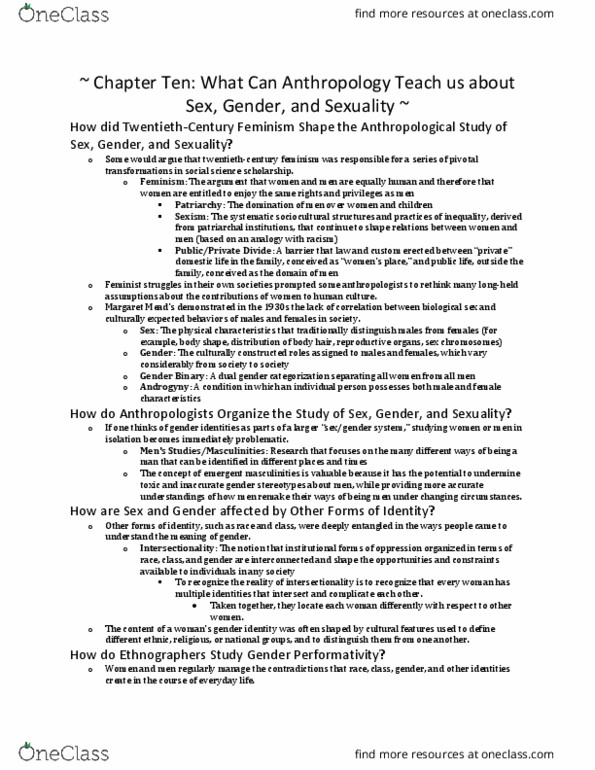 ANT 220 Chapter Notes - Chapter 10: Intersectionality, Masculinity, Performativity thumbnail