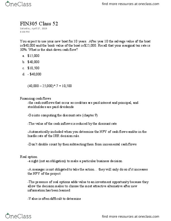 FIN 305 Lecture Notes - Lecture 52: Tax Rate, Real Options Valuation, Cash Flow thumbnail