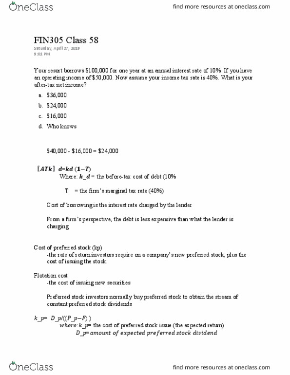 FIN 305 Lecture Notes - Lecture 58: Tax Rate, British Rail Class 58, Preferred Stock thumbnail