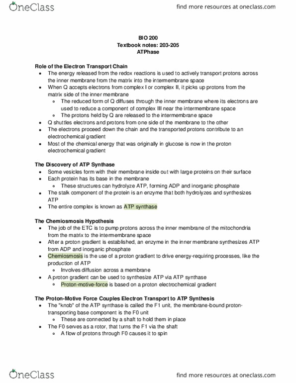 BIOL 200 Chapter Notes - Chapter 200-205: Atp Synthase, Electrochemical Gradient, Intermembrane Space thumbnail