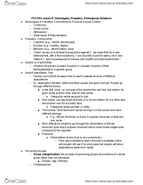 PSY220H1 Lecture Notes - Lecture 9: Implicit-Association Test, Cognitive Dissonance, Longitudinal Study thumbnail