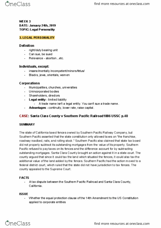 LAWS 2201 Lecture Notes - Lecture 3: Santa Clara County, California, Equal Protection Clause, Fourteenth Amendment To The United States Constitution thumbnail