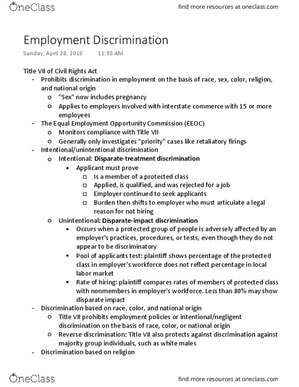 BLAW 300 Lecture Notes - Lecture 1: Civil Rights Act Of 1964, Disparate Impact, Reverse Discrimination thumbnail