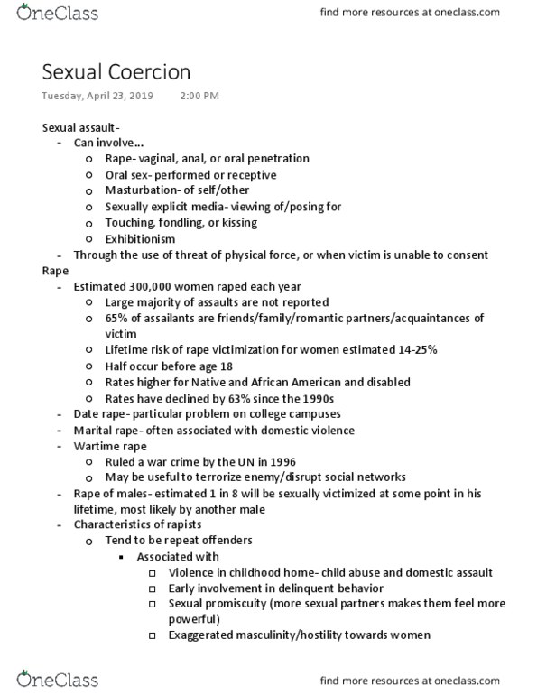 CYAF 471 Lecture Notes - Lecture 12: Marital Rape, Promiscuity, Date Rape thumbnail