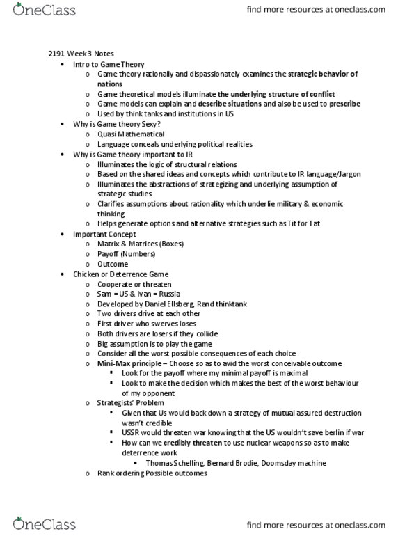 Political Science 2191A/B Lecture Notes - Lecture 3: Mutual Assured Destruction, Daniel Ellsberg, Thomas Schelling thumbnail