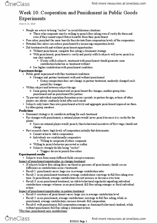 ECO331H1 Chapter Notes - Chapter cooperation and punishment: Public Good, Strategic Dominance, Social Dilemma thumbnail