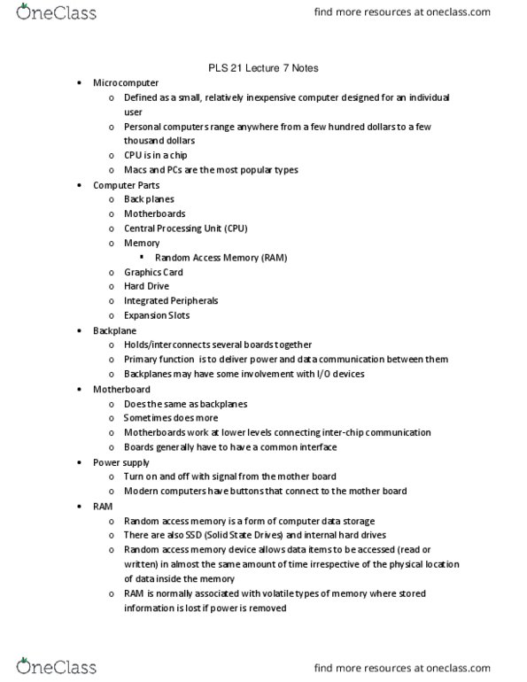 PLS 21 Lecture Notes - Lecture 7: Computer Data Storage, Central Processing Unit, Common Interface thumbnail